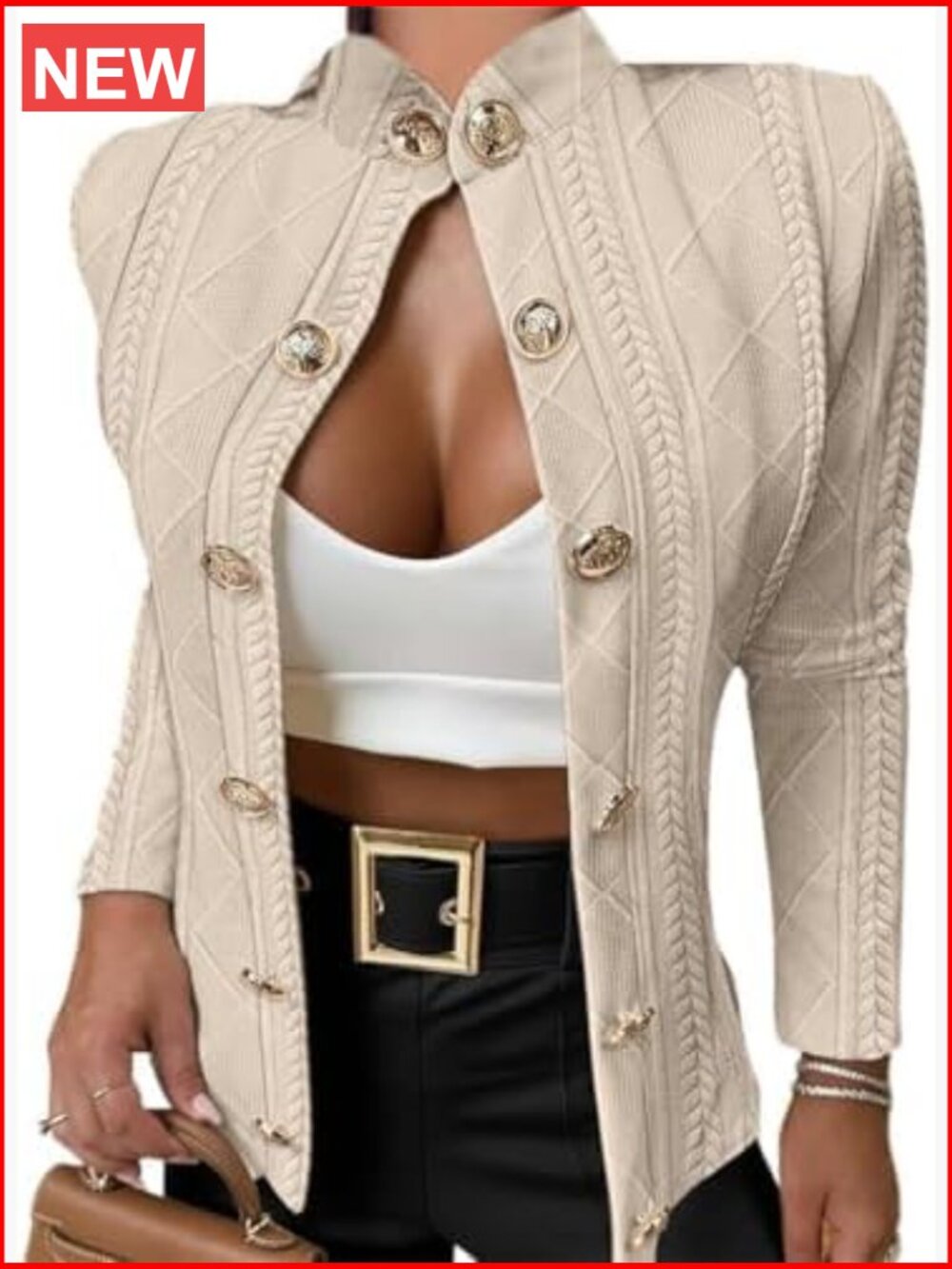 Argyle Cable Cardigan Lightweight Cropped Stand Collar Long Sleeve Metal Button - Picture 1 of 7